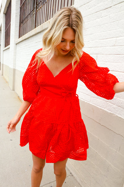 Love Found Red Crepe Sweetheart Wrap Yoke Puff Sleeve Lined Dress