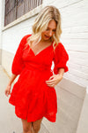 Love Found Red Crepe Sweetheart Wrap Yoke Puff Sleeve Lined Dress