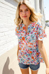 Beautiful You Ivory Floral Print Notch Neck Puff Short Sleeve Top