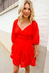 Love Found Red Crepe Sweetheart Wrap Yoke Puff Sleeve Lined Dress