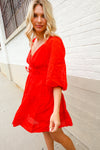 Love Found Red Crepe Sweetheart Wrap Yoke Puff Sleeve Lined Dress