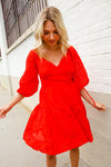 Love Found Red Crepe Sweetheart Wrap Yoke Puff Sleeve Lined Dress