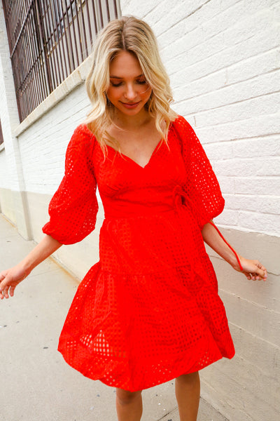 Love Found Red Crepe Sweetheart Wrap Yoke Puff Sleeve Lined Dress