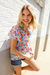 Beautiful You Ivory Floral Print Notch Neck Puff Short Sleeve Top