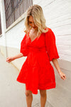 Love Found Red Crepe Sweetheart Wrap Yoke Puff Sleeve Lined Dress