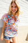 Beautiful You Ivory Floral Print Notch Neck Puff Short Sleeve Top