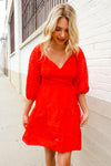 Love Found Red Crepe Sweetheart Wrap Yoke Puff Sleeve Lined Dress