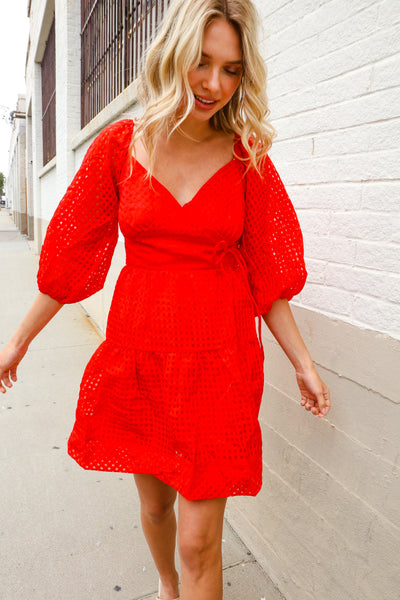 Love Found Red Crepe Sweetheart Wrap Yoke Puff Sleeve Lined Dress