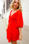 Love Found Red Crepe Sweetheart Wrap Yoke Puff Sleeve Lined Dress