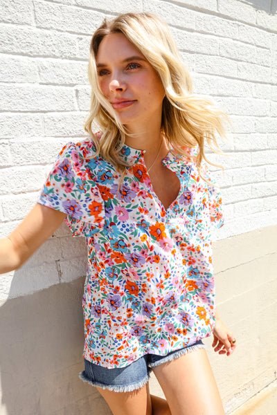 Beautiful You Ivory Floral Print Notch Neck Puff Short Sleeve Top