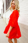 Love Found Red Crepe Sweetheart Wrap Yoke Puff Sleeve Lined Dress