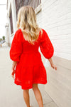 Love Found Red Crepe Sweetheart Wrap Yoke Puff Sleeve Lined Dress