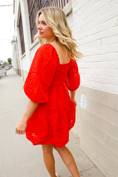Love Found Red Crepe Sweetheart Wrap Yoke Puff Sleeve Lined Dress