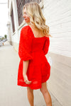 Love Found Red Crepe Sweetheart Wrap Yoke Puff Sleeve Lined Dress