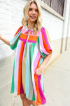 Be Bold Multicolor Stripe Front Tie Folded Sleeve Babydoll Dress