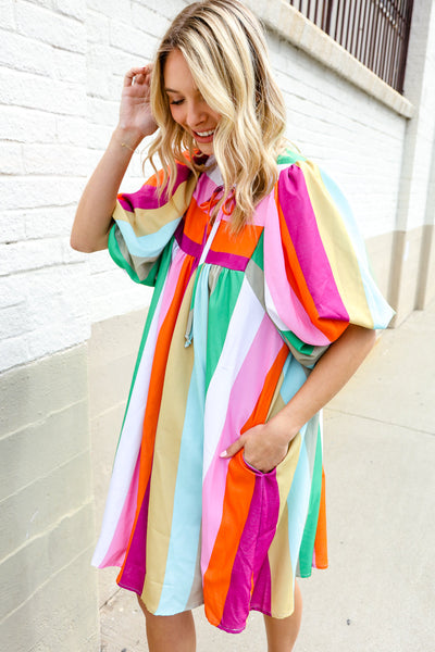 Be Bold Multicolor Stripe Front Tie Folded Sleeve Babydoll Dress