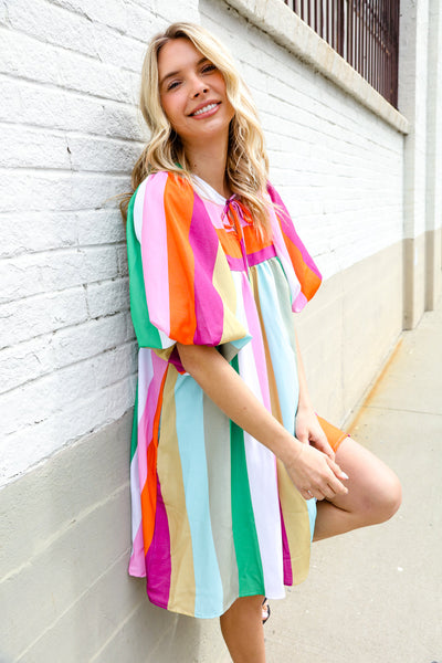 Be Bold Multicolor Stripe Front Tie Folded Sleeve Babydoll Dress