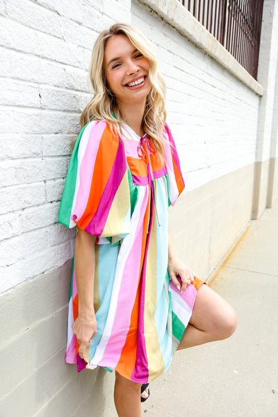 Be Bold Multicolor Stripe Front Tie Folded Sleeve Babydoll Dress