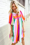 Be Bold Multicolor Stripe Front Tie Folded Sleeve Babydoll Dress