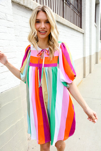 Be Bold Multicolor Stripe Front Tie Folded Sleeve Babydoll Dress