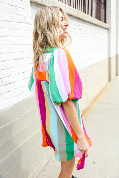 Be Bold Multicolor Stripe Front Tie Folded Sleeve Babydoll Dress