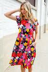 Spread Joy Black & Multicolor Floral Flutter Sleeve Babydoll Dress