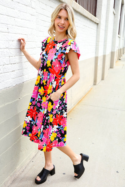 Spread Joy Black & Multicolor Floral Flutter Sleeve Babydoll Dress