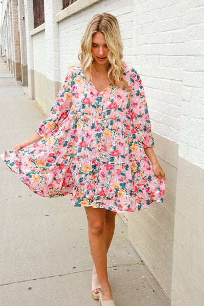 Boho Vibes Cotton Floral Button Down 3/4 Sleeve Tiered Dress