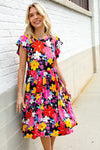 Spread Joy Black & Multicolor Floral Flutter Sleeve Babydoll Dress