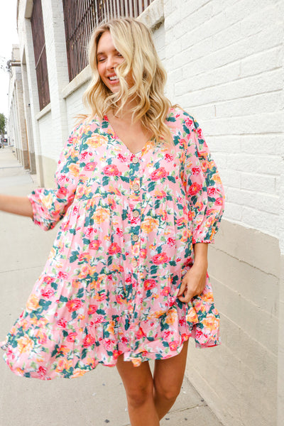 Boho Vibes Cotton Floral Button Down 3/4 Sleeve Tiered Dress