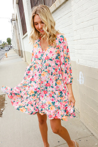 Boho Vibes Cotton Floral Button Down 3/4 Sleeve Tiered Dress