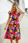 Spread Joy Black & Multicolor Floral Flutter Sleeve Babydoll Dress