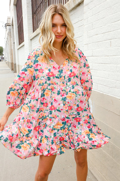 Boho Vibes Cotton Floral Button Down 3/4 Sleeve Tiered Dress