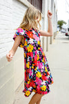 Spread Joy Black & Multicolor Floral Flutter Sleeve Babydoll Dress