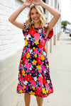 Spread Joy Black & Multicolor Floral Flutter Sleeve Babydoll Dress