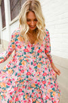 Boho Vibes Cotton Floral Button Down 3/4 Sleeve Tiered Dress