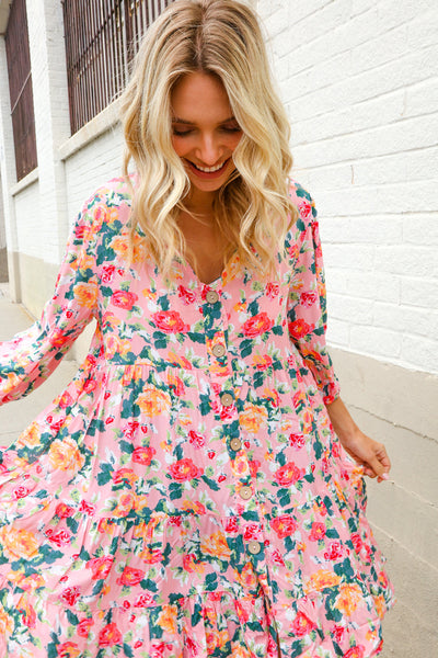 Boho Vibes Cotton Floral Button Down 3/4 Sleeve Tiered Dress