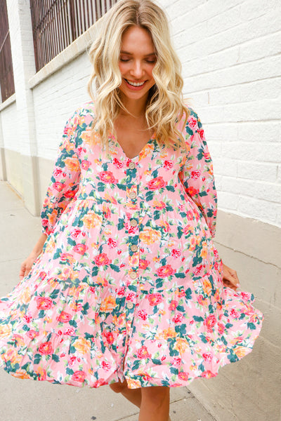 Boho Vibes Cotton Floral Button Down 3/4 Sleeve Tiered Dress