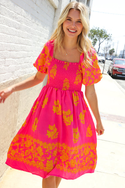 Beautiful You Coral Floral & Border Print Smocked Dress