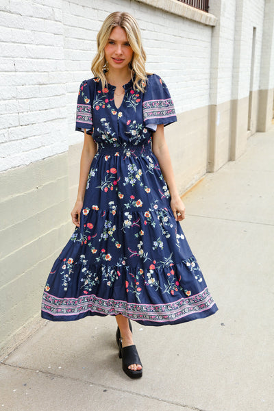 Boho Vibes Navy & Floral Notch Neck Border Print Tiered Maxi