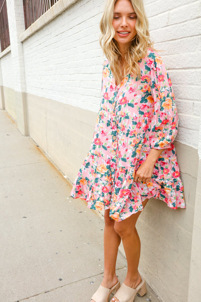 Boho Vibes Cotton Floral Button Down 3/4 Sleeve Tiered Dress