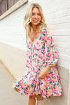 Boho Vibes Cotton Floral Button Down 3/4 Sleeve Tiered Dress