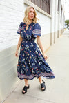 Boho Vibes Navy & Floral Notch Neck Border Print Tiered Maxi