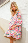 Boho Vibes Cotton Floral Button Down 3/4 Sleeve Tiered Dress