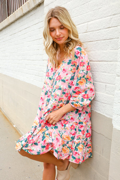 Boho Vibes Cotton Floral Button Down 3/4 Sleeve Tiered Dress