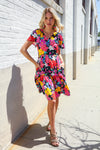 Just For You Black Floral Print V Neck Short Sleeve Babydoll Dress