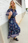 Boho Vibes Navy & Floral Notch Neck Border Print Tiered Maxi