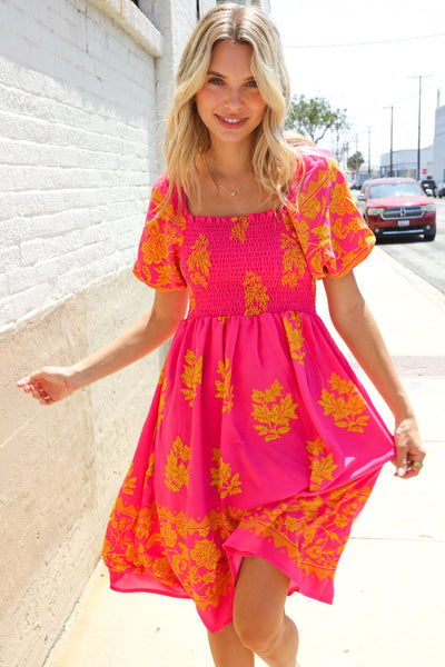 Beautiful You Coral Floral & Border Print Smocked Dress