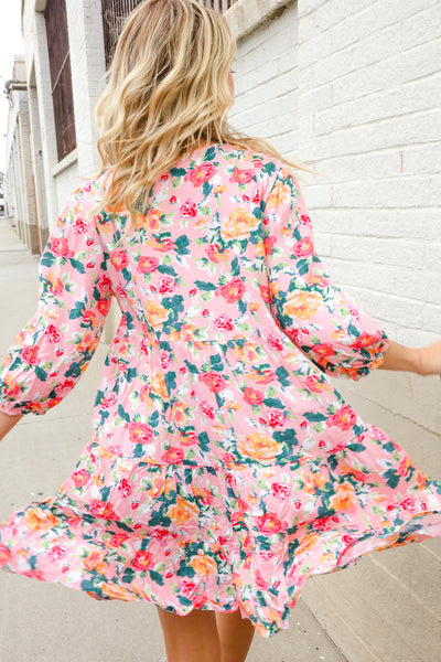 Boho Vibes Cotton Floral Button Down 3/4 Sleeve Tiered Dress