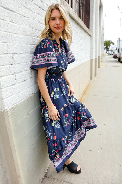 Boho Vibes Navy & Floral Notch Neck Border Print Tiered Maxi